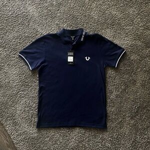 True Religion Navy Blue Polo Shirt with White Accents and White Signature Logo